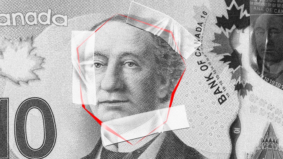John Macdonald's likeness on the Canadian $10 bill, surrounded by red lines and tape