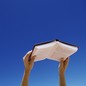 Young woman holding book up in air, low angle view