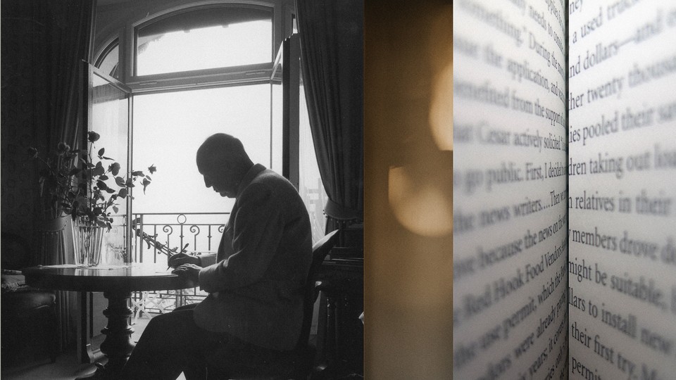 A photo collage of Nabokov and a book