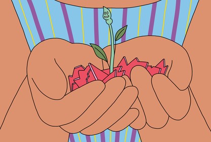 Illustration of a person holding a pile of red shards from which a plant is sprouting