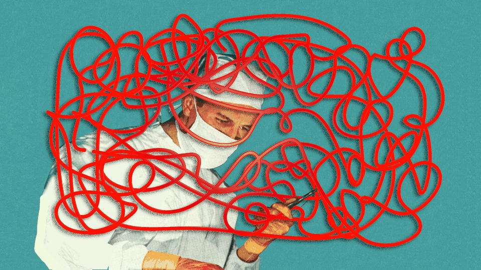 Artwork of a doctor obscured by a winding network of red tape