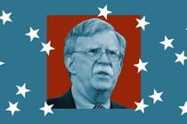 Photo of guest John Bolton against a blue background and falling white stars