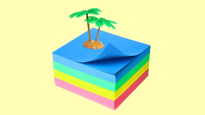 Two palm trees atop a pile of rainbow sticky notes, against a pale-yellow background