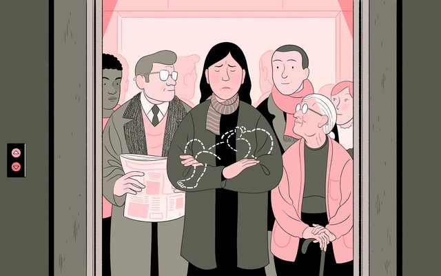 An illustration of a woman holding a silhouette of a baby while everyone in an elevator looks at her.
