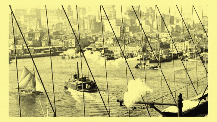 Sailboats and tugboats in New York Harbor in the early 20th century