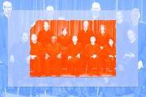 Three pictures showing three generations of Supreme Court justices, superposed. The picture of the current generation is smallest and tinted red, while the other two pictures are larger and tinted blue.