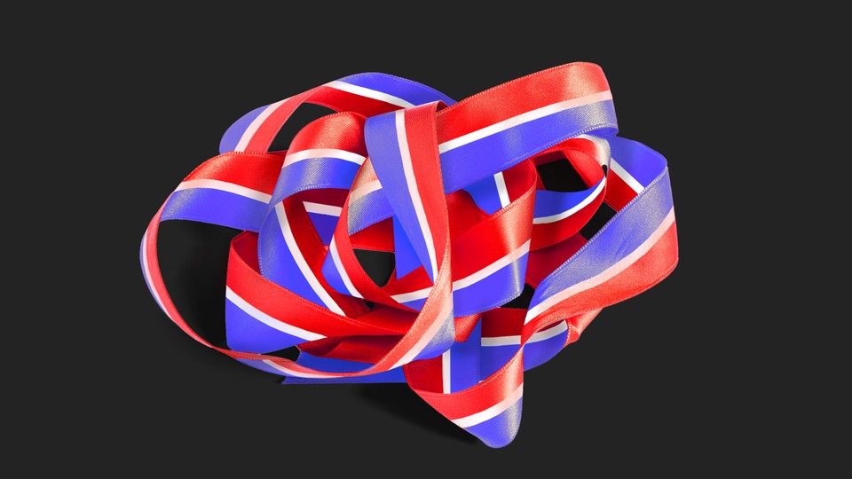Image of red, white, and blue ribbon tangled up in a ball
