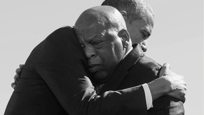 Barack Obama and John Lewis hug