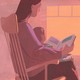 Illustration of a woman sitting in a chair with a child on her lap. They are reading together and looking out the window.