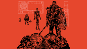 A graphic illustration of black, pixelated video-game characters on a red background.
