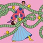 An illustration showing two happy people connected by their long swirling arms.