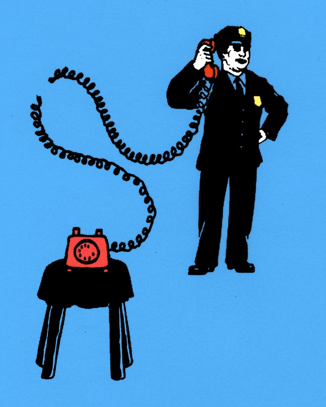 Illustration of a police officer holding a phone with severed cord to their ear