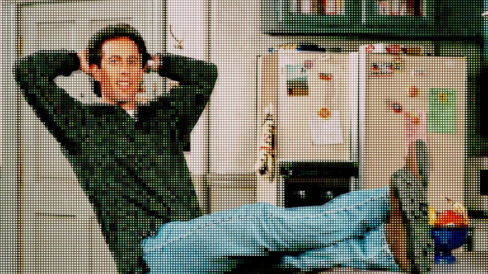 A pixilated image of Jerry Seinfeld from the sitcom "Seinfeld"