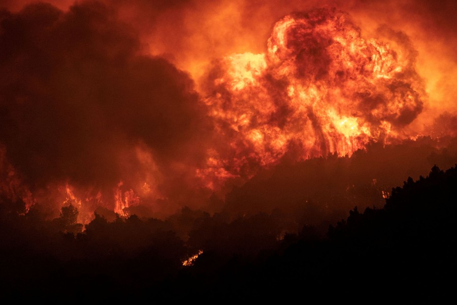 A huge wall of fire rises above a forested hillside.