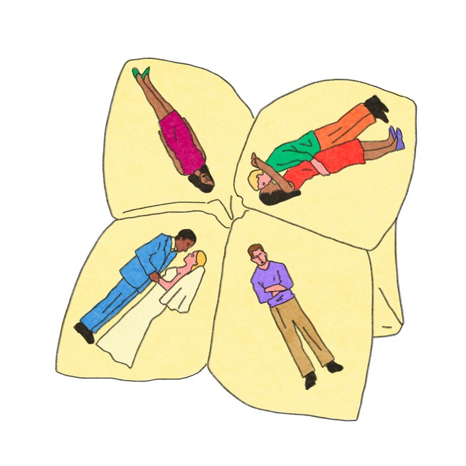 illustration of "fortune-teller"-style origami-folded paper with four different potential outcomes: bride and groom; single woman; embracing couple; single man