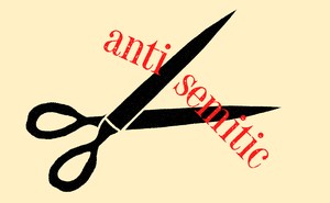Illustration of a pair of scissors cutting the word "anti-Semitic" in half