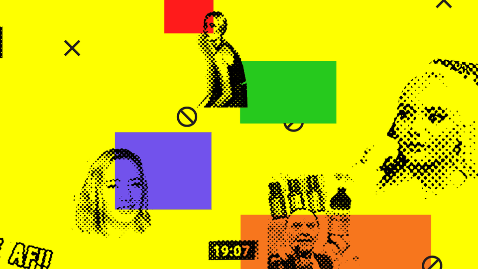 Yellow background with pixelated images from YouTube videos about MLM companies.