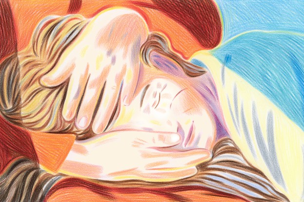 An illustration of a woman laying on someone's lap; the other person is touching the woman's head