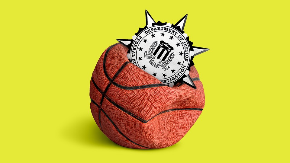 A spiky Department of Justice seal embedded in a deflating basketball