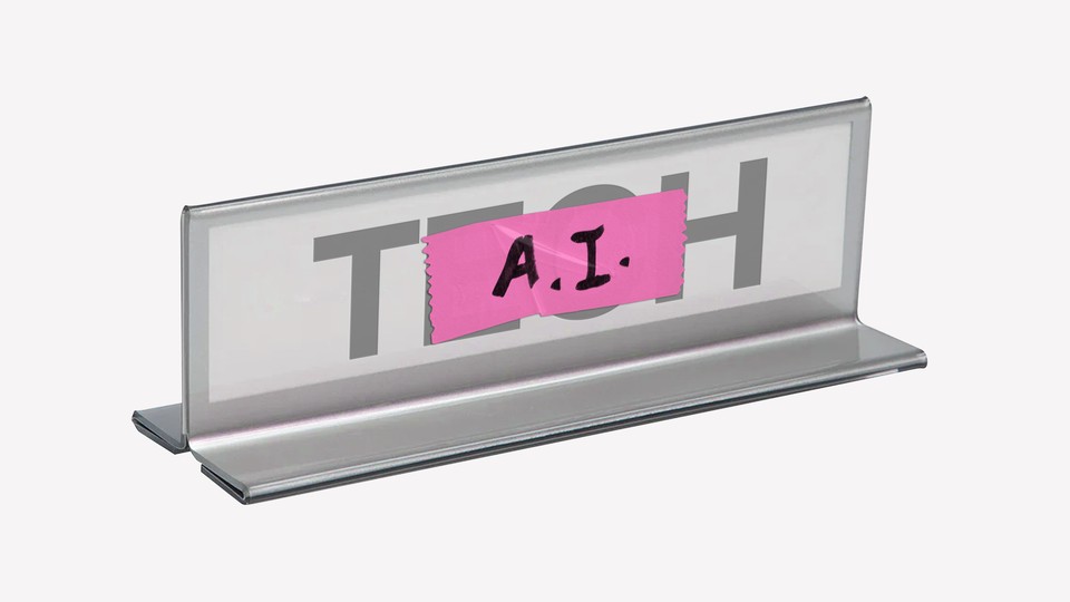 An image of a placard with the text "tech" that is crossed off by tape that reads "AI."