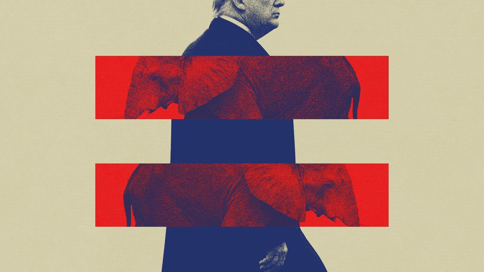 An illustration of Trump with two red lines and elephants