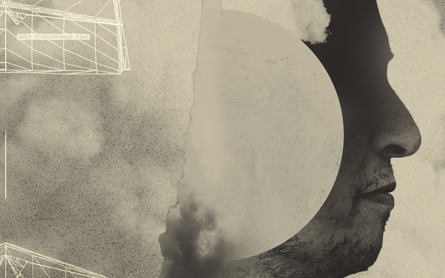 Elon Musk in clouds with a rocket launching and a wireframe of a tent