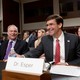 Senator Tim Kaine speaks with Mark Esper, then the nominee for defense secretary, before a Senate Armed Services Committee hearing on Esper's nomination on July 16.