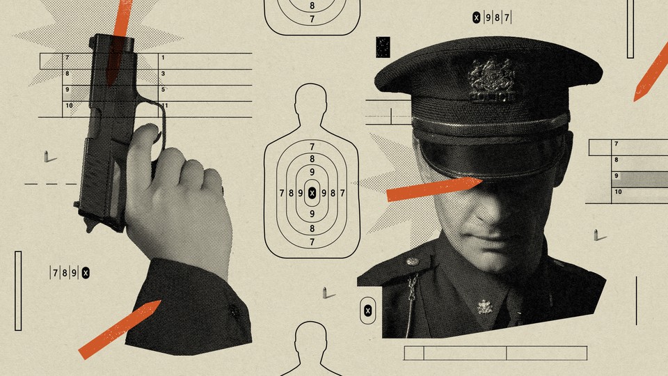 A collage showing a police officer, a hand holding a gun, and a paper shooting target