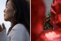 Two scenes from a vigil at Monterey Park City Hall: A woman with eyes closed and a bouquet of flowers