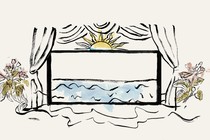 An illustration of a window open to the sea, with flowers on each side