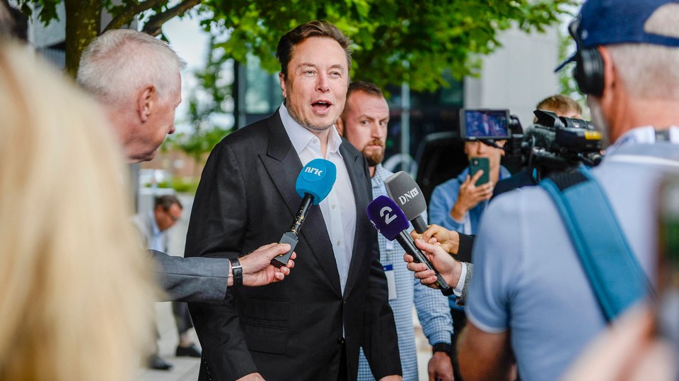 Elon Musk gives interviews as he arrives at the Offshore Northern Seas 2022 meeting in Stavanger, Norway, on August 29, 2022.