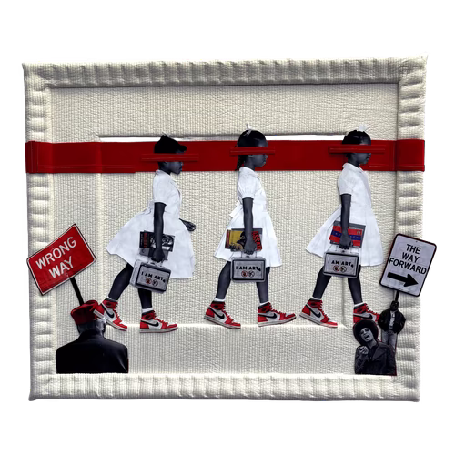 Artwork of children walking holding books and lunch boxes that read "I am art." 