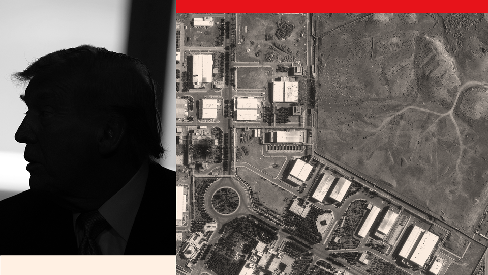 A silhouette of Trump in profile next to an aerial targeting image of an Iranian military site.
