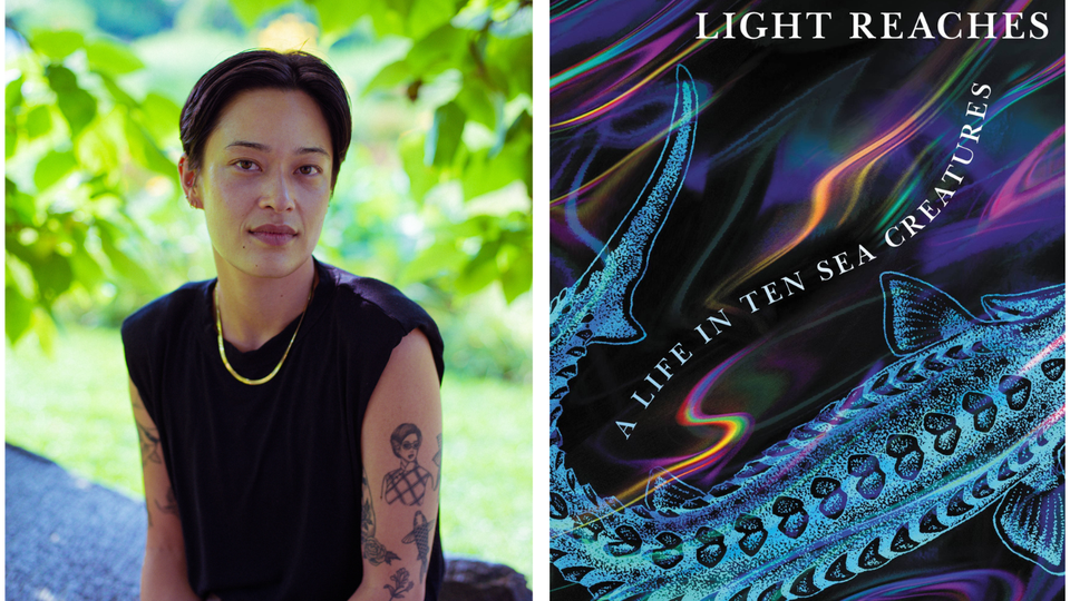 split header image of author Sabrina Imbler on the left, cover of How Far the Light Reaches on the right