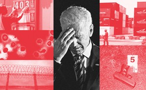 Collages of red photos, depicting the coronavirus, a gas-price sign, shipping containers, a gun, and part of the border wall, frame a single black-and-white photo of Joe Biden looking down with his hand to his forehead.