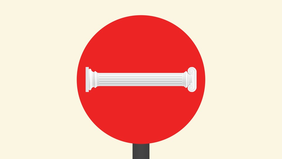 Red "Do Not Enter" sign with a roman column as its white horizontal bar