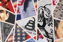 illustration collage including fragmented images of an elephant, the U.S. flag, Nixon, Reagan, Rush Limbaugh, and parts of John Birch Society, Don't Tread On Me, and Hillary for Prison