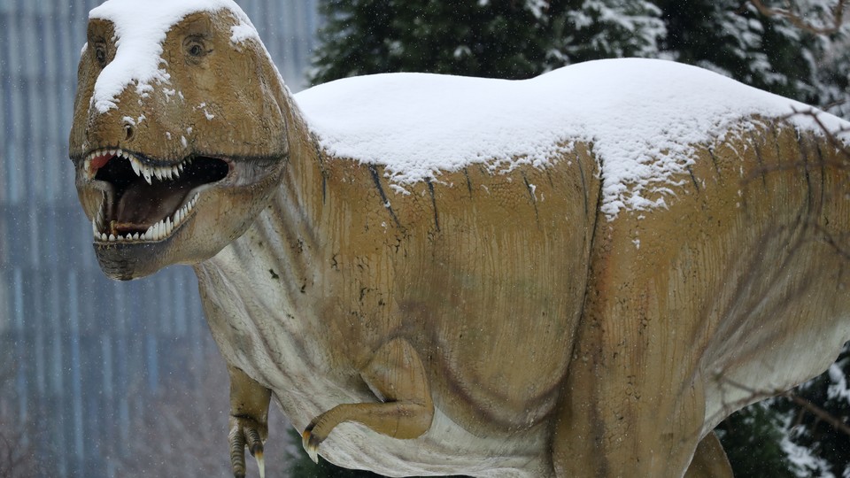 A statue of a dinosaur covered in snow