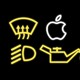 Four car infotainment symbols, including the Apple logo, against a black background