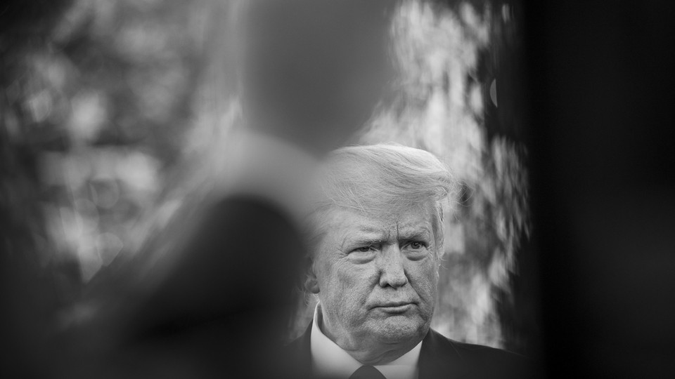 Black-and-white picture of Donald Trump looking worried