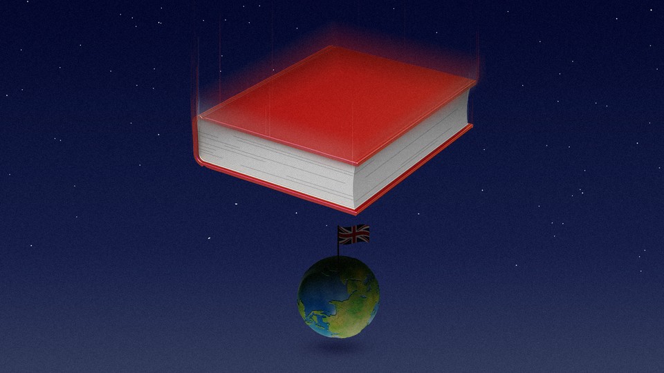 a book hovering over a globe with a British flag sticking out of it