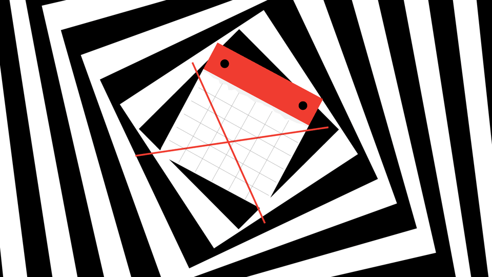 A calendar with an X through it surrounded by a spiral image