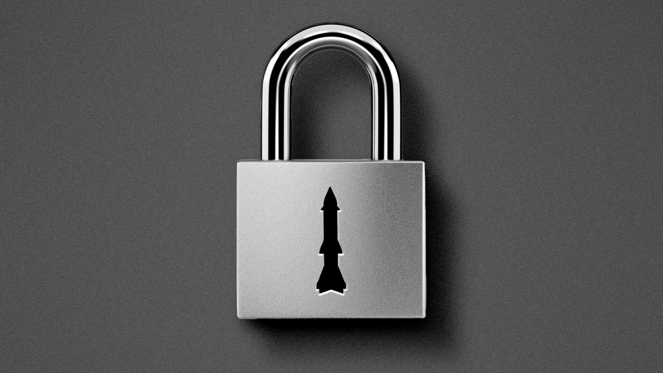padlock with a keyhole shaped like a nuclear missile
