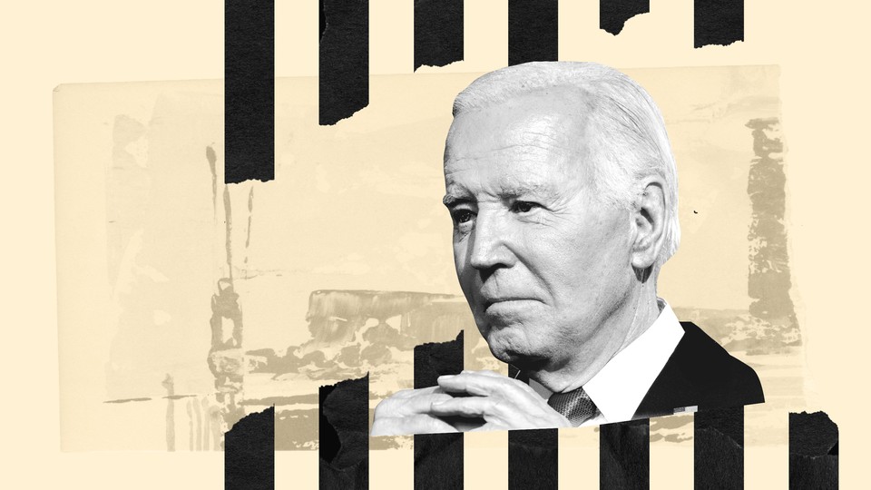 Black-and-white photo of Joe Biden with clasped hands between ripped black paper that looks like jail bars.