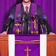 Photo illustration of a pastor dressed as a politician standing at a podium