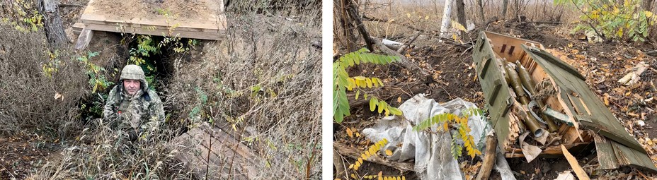 Diptych: Ukrainian soldier in Russain trench and left behind Russian artillery