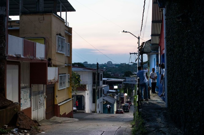 A street at dusk in Tapachula, Mexico.
