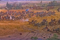 A scene from the Gettysburg Cyclorama, an 1883 cyclorama painting depicting the climactic clash between Union and Confederate forces during the Battle of Gettysburg in 1863.