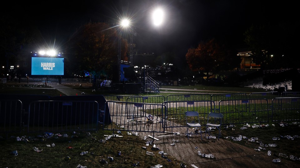 The site of an empty Kamala Harris rally after the event has ended