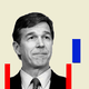 An illustration shows a black-and-white image of North Carolina Governor Roy Cooper flanked by short red bars and one blue bar.
